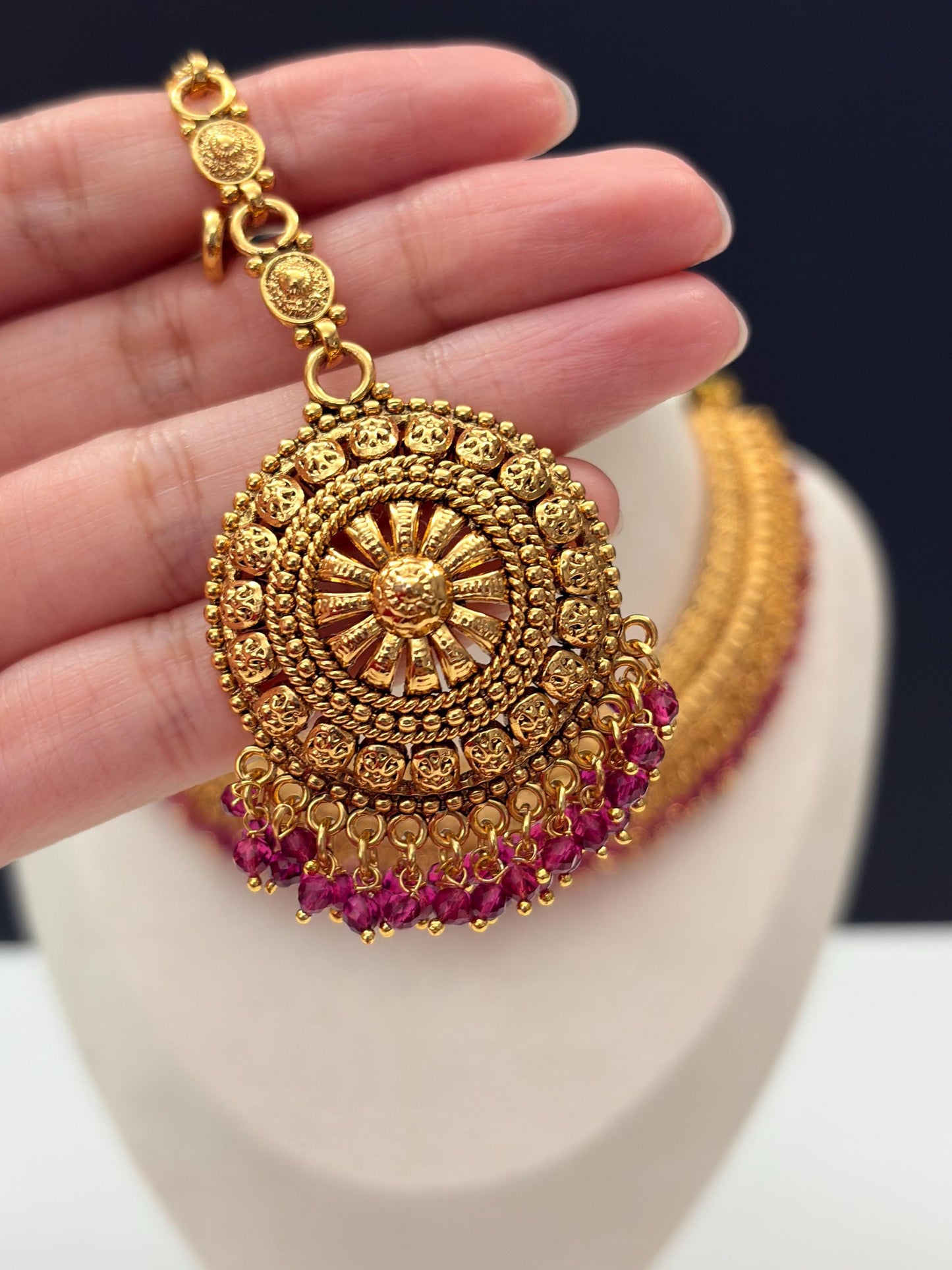 Gold Necklace Choker Set with Jhumka Earrings & Maang Tikka