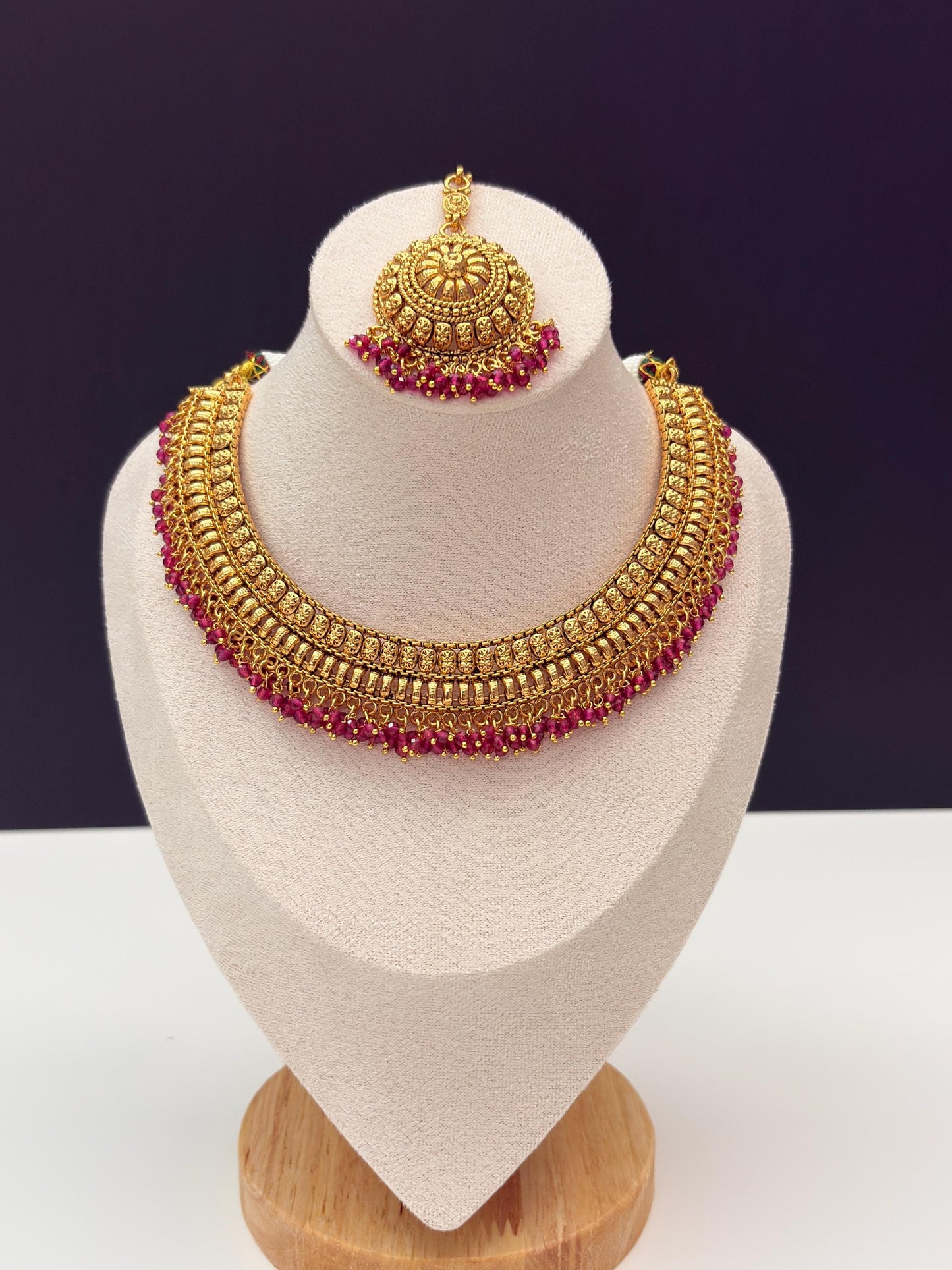 Gold Necklace Choker Set with Jhumka Earrings & Maang Tikka