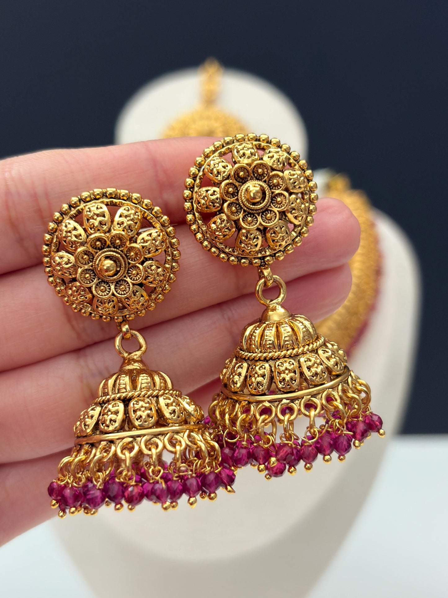 Gold Necklace Choker Set with Jhumka Earrings & Maang Tikka