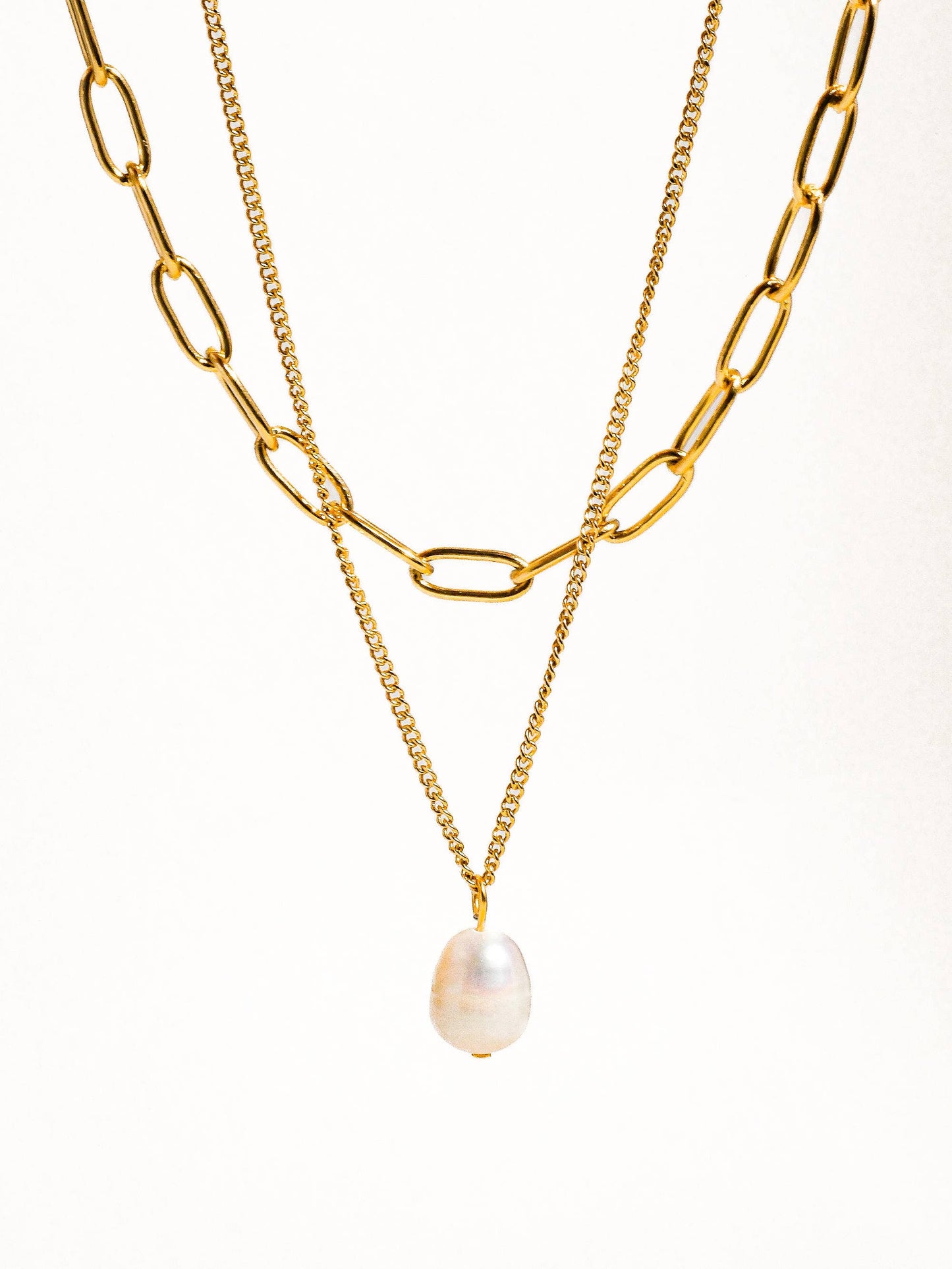 Percy Layered Chain Pearl Necklace - 18K Gold Non-Tarnish: Yellow Gold