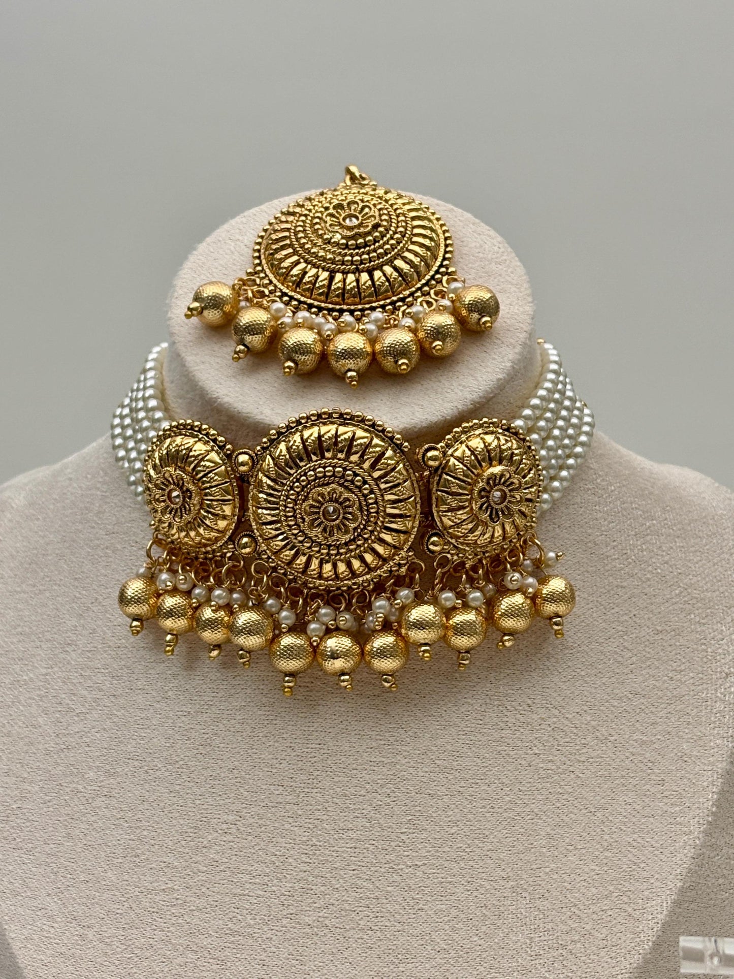 Gold Choker Necklace Set - Jhumka Earrings, Tikka