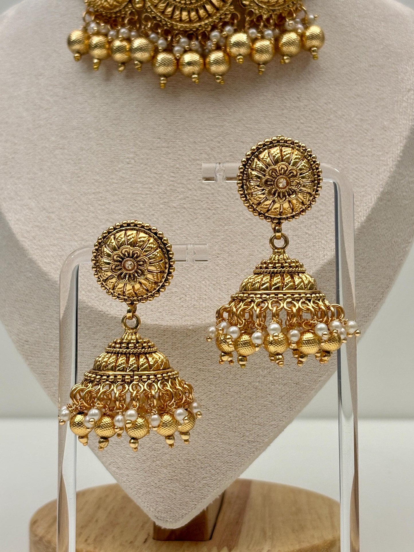 Gold Choker Necklace Set - Jhumka Earrings, Tikka
