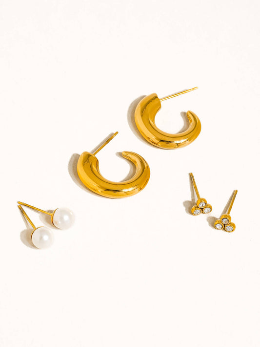Carine Hoops, Pearl, CZ Earring 18K Gold Non-Tarnish: Yellow Gold
