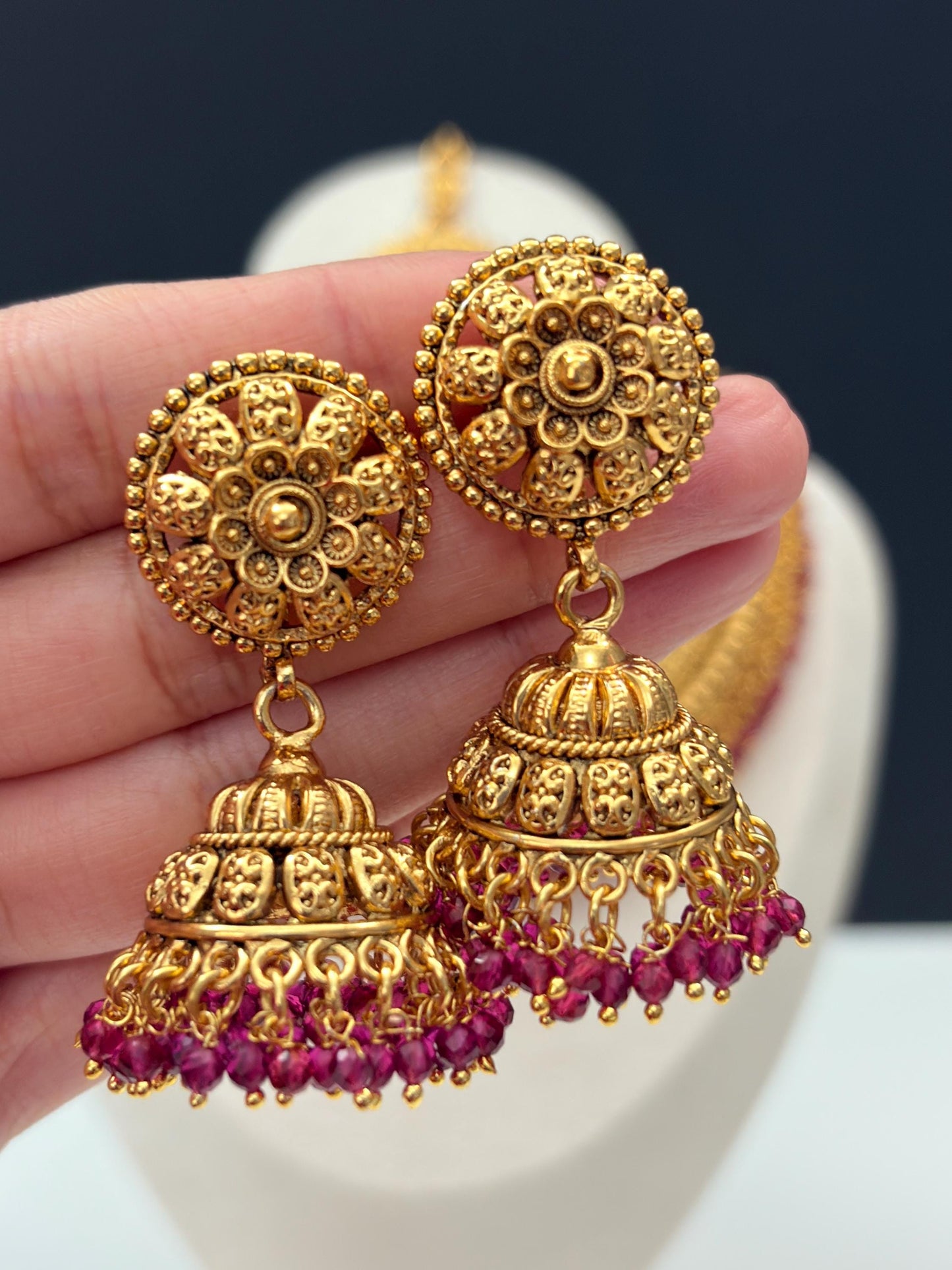 Gold Necklace Choker Set with Jhumka Earrings & Maang Tikka
