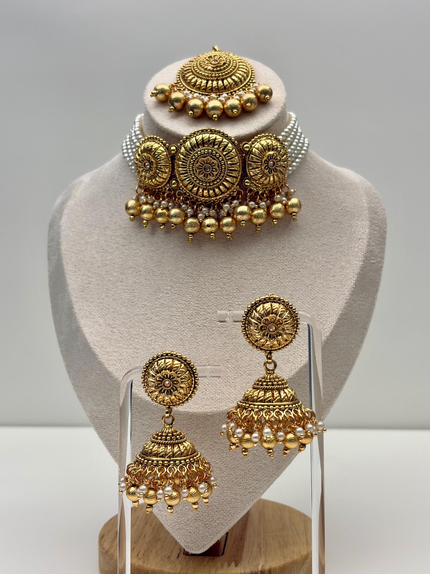 Gold Choker Necklace Set - Jhumka Earrings, Tikka