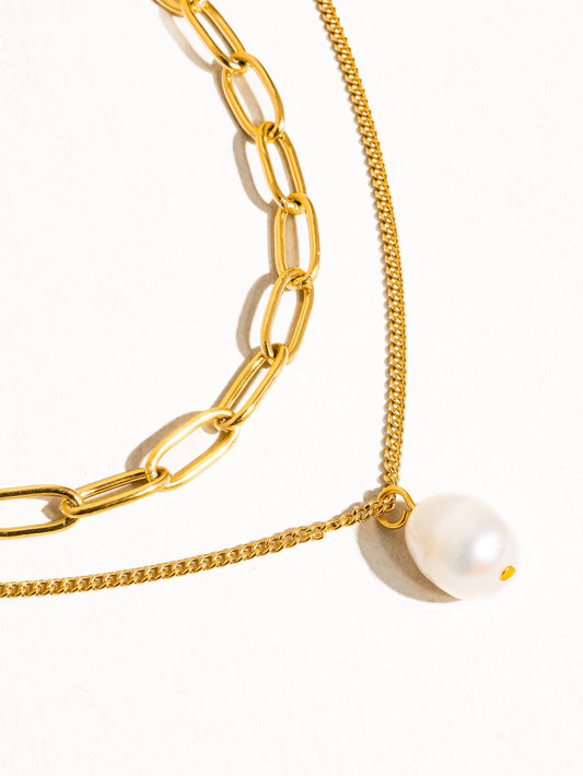 Percy Layered Chain Pearl Necklace - 18K Gold Non-Tarnish: Yellow Gold
