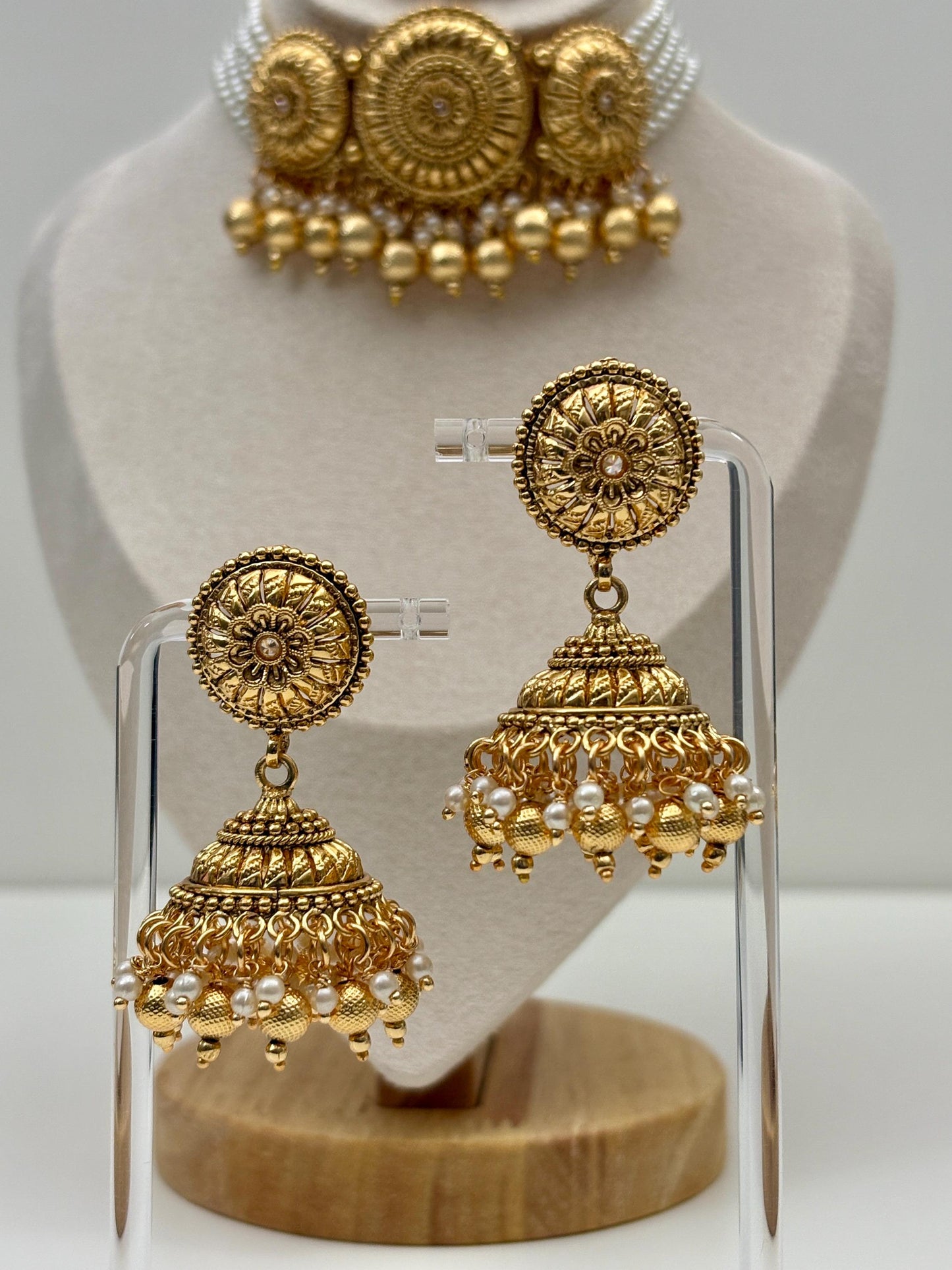 Gold Choker Necklace Set - Jhumka Earrings, Tikka