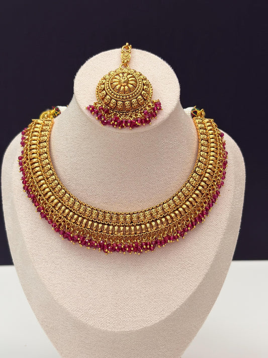 Gold Necklace Choker Set with Jhumka Earrings & Maang Tikka