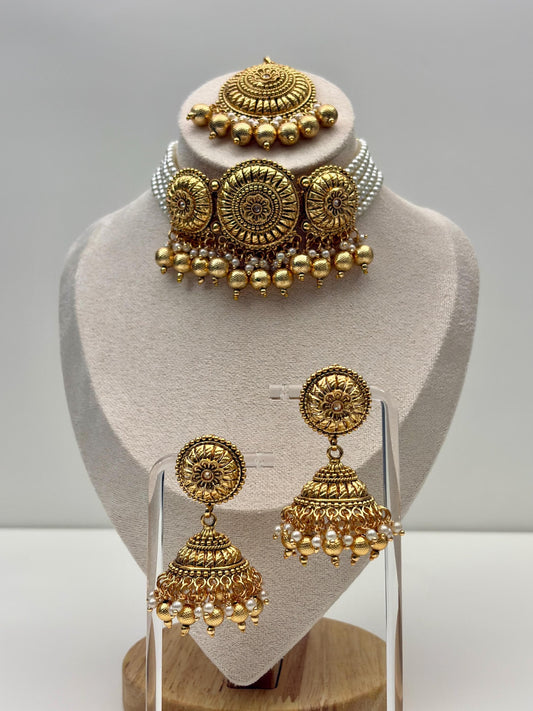 Gold Choker Necklace Set - Jhumka Earrings, Tikka